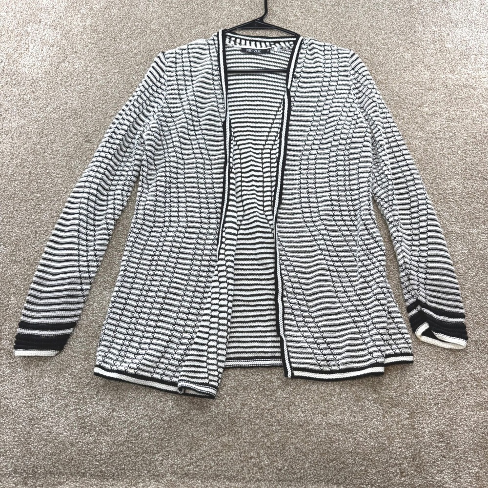 NIC+ZOE Womens Medium Black White Textured Knit Open Front Cardigan Sweater Work